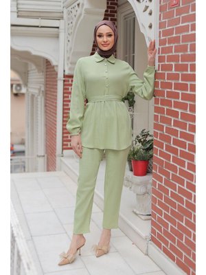 Mint Yeşili Taş Düğme Detaylı Takım