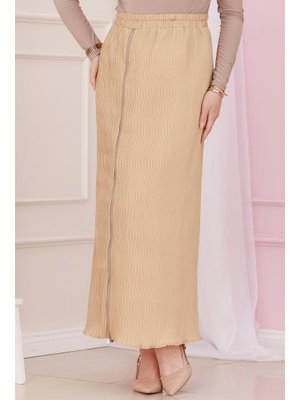 Bej Beli Lastikli Yanı Fermuar Detaylı Etek Bej Beli Lastikli Yanı Fermuar Detaylı Etek