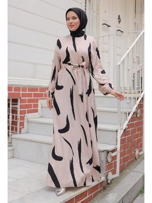 Bej Büyük Fırça Desenli Viskon Elbise