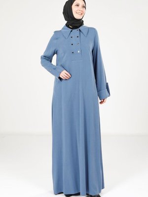 İndigo Yakalı Ve Düğme Detaylı Elbise