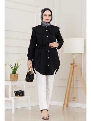 Siyah Beli Bağcık Detaylı Geniş Yaka Tunik Siyah Beli Bağcık Detaylı Geniş Yaka Tunik