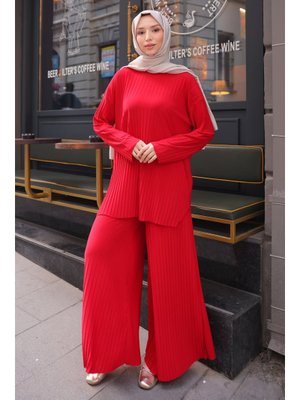 Kırmızı Piliseli Sandy Tunik Pantolon Takım Kırmızı Piliseli Sandy Tunik Pantolon Takım