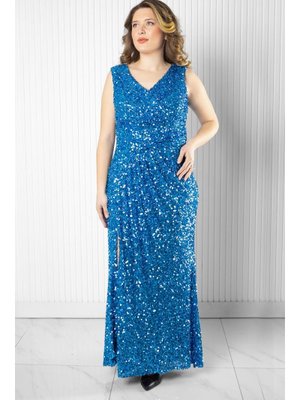 İndigo Pul Payetli Abiye Elbise