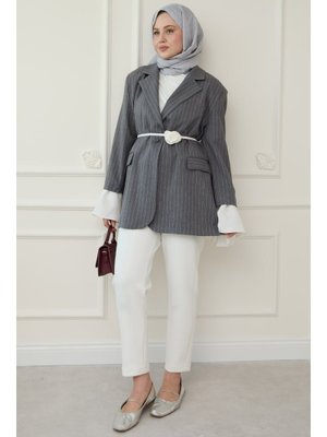 Çizgili Kolları Volanlı Antrasit Blazer Ceket Çizgili Kolları Volanlı Antrasit Blazer Ceket
