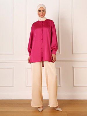 Fuşya Düğmeli Geniş Kalıp Saten Tunik