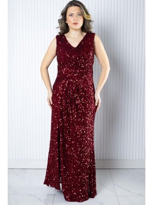Bordo Pul Payetli Abiye Elbise