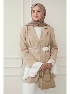 Çizgili Kolları Volanlı Bej Blazer Ceket Çizgili Kolları Volanlı Bej Blazer Ceket