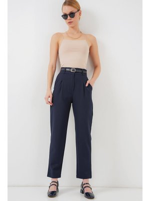 Lacivert Pileli Kemerli Kumaş Pantolon Lacivert Pileli Kemerli Kumaş Pantolon