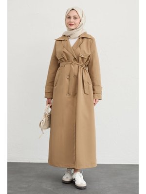 Çift Kapaklı Kuşaklı Sütlü Kahve Trençkot