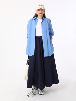 Lacivert Beli Lastikli Poplin Etek Lacivert Beli Lastikli Poplin Etek