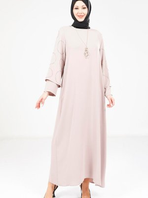 Bej Kolu Taşlı Kolyeli Elbise