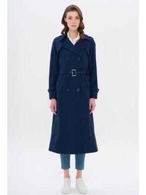 İndigo Apolet Ve Pelerin Detaylı Kruvaze Trençkot