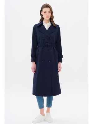 Lacivert Özel Dikiş Detaylı Kruvaze Su İtici Özellikli Trençkot