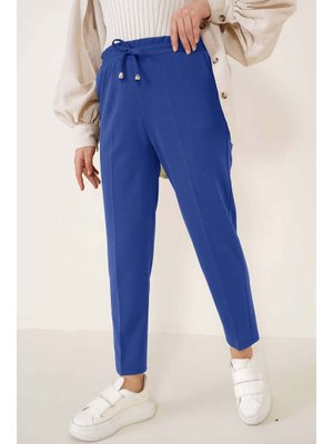 Saks Mavisi İp Detaylı Beli Lastikli Bilekte Pantolon