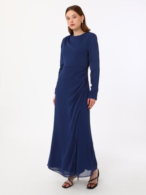 Lacivert Şifon Büzgü Detaylı Elbise