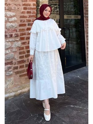 Beyaz Taş Detaylı Brode Etekli Takım