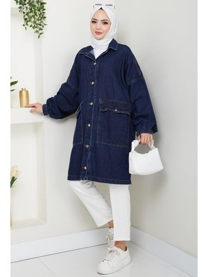 Koyu Mavi Oversize Cepli Kot Ceket