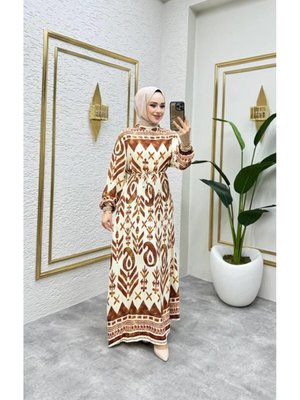 Kahverengi Etnik Desenli Viscon Elbise Kahverengi Etnik Desenli Viscon Elbise