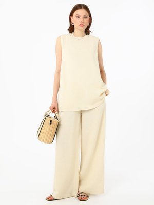 Bej Keten Tunik Pantolon İkili Takım