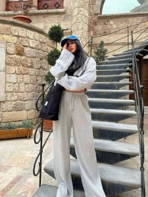 Gri Palazzo Beli Lastikli Salaş Dökümlü Fitlli Pantolon