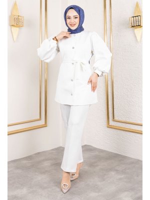 Beyaz Önden Düğmeli Scuba Takım