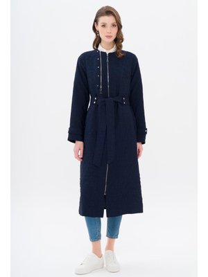 Lacivert Sıfır Yaka Fermuar Detaylı Kapitone Desenli Hafif Kap