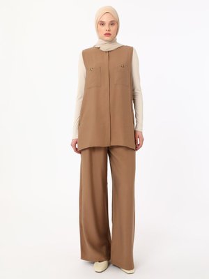 Düğme Detaylı Tunik Pantolon Kahverengi Takım