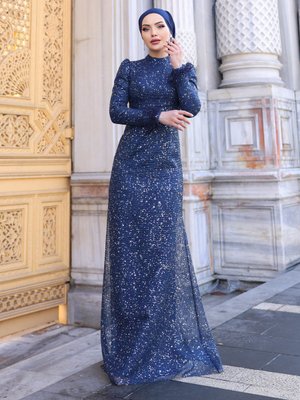 Lacivert Sakura Abiye Elbise