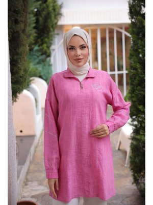 Fuşya Yarım Fermuarlı Yaka Logo Baskılı Tunik