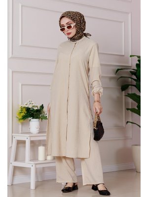 Bej Yırtmaç Detaylı Tunik Pantolon Takım