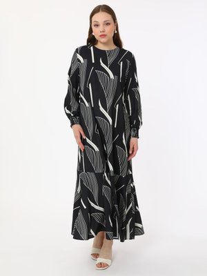 Siyah Büyük Beden Geometrik Baskılı Dokuma Elbise Siyah Büyük Beden Geometrik Baskılı Dokuma Elbise