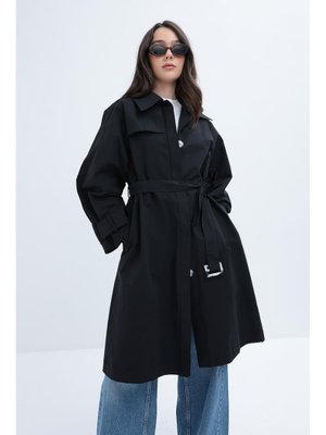 Siyah Kemerli Cepli Rüzgarlıklı Trençkot