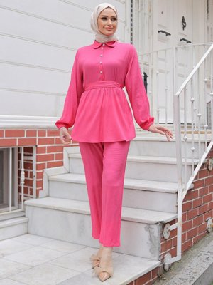 Fuşya Taş Düğme Detaylı Takım