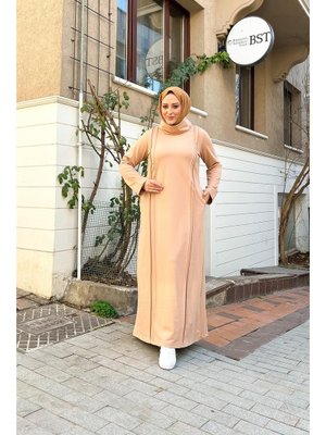 Bej İkili Nevrül Detaylı Boğazlı Sade Basic Uzun Büyük Beden Spor Elbise