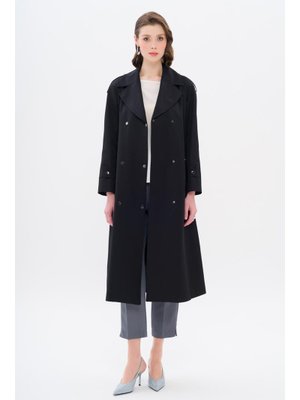 Siyah Pelerin Ve Apolet Detaylı Çıt Kapamalı Su İtici Özellikli Trençkot