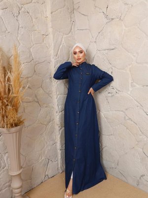 Koyu Lacivert Arma Detaylı Kot Elbise