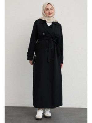 Çift Kapaklı Kuşaklı Siyah Trençkot