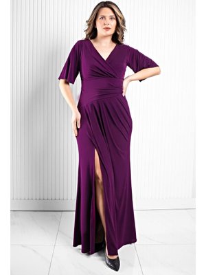 Mürdüm Dökümlü Sandy Abiye Elbise