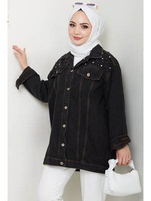 Antrasit Elyez Taşlı Kot Ceket