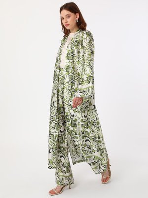 Yeşil Çiçek Desenli Kemerli Saten Pantolon Kimono Takım