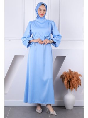 Bebe Mavi Gül Kemer Detaylı Balon Kol Saten Abiye Elbise