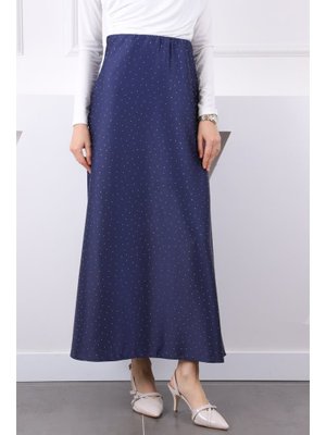 Lacivert Bel Lastikli Taşlı Saten Etek