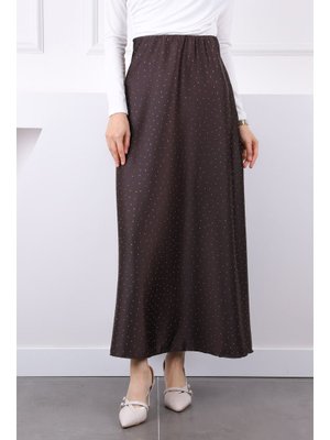 Kahverengi Bel Lastikli Taşlı Saten Etek
