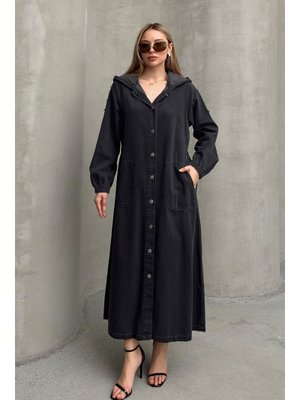 Antrasit Kapüşonlu Düğme Detaylı Denim Kap