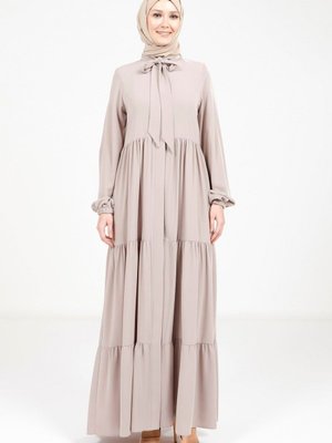Bej Harem Görele Üç Katlı Büzgülü Yakası Bağcıklı Açık Ferace