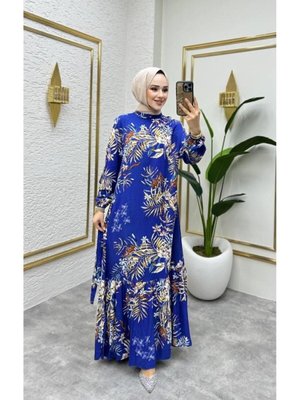 Saks Çalı Desenli Viscon Elbise Saks Çalı Desenli Viscon Elbise