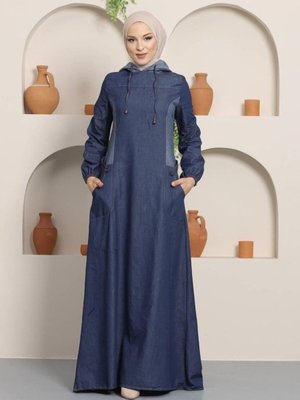 Koyu Lacivert Cep Detaylı Kot Elbise