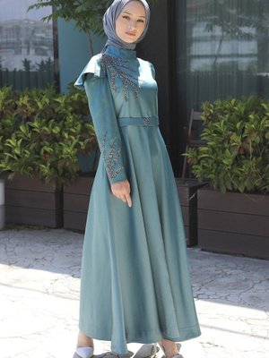 Mint Taşlı Yakma Desenli Abiye Elbise Mint Taşlı Yakma Desenli Abiye Elbise