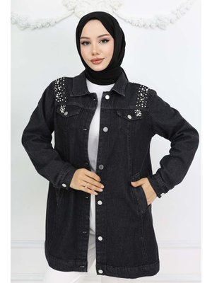 Siyah İnci Detaylı Kot Ceket