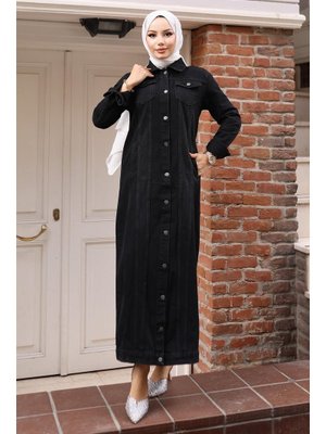 Siyah Düğme Detaylı Kot Ferace
